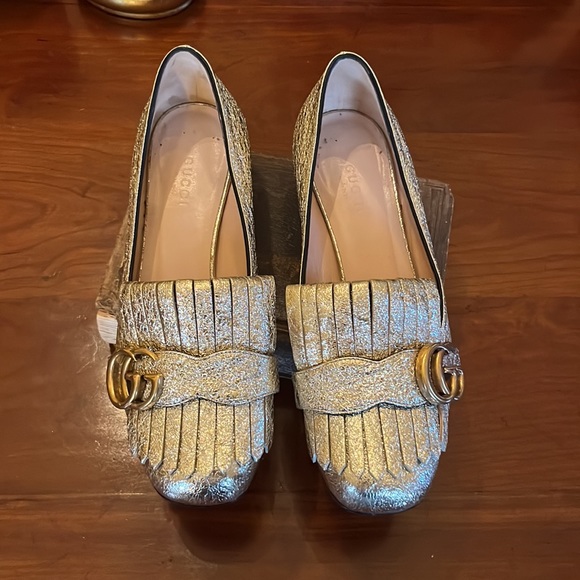 GUCCI Marmont Gold Mid Heel Loafer Fringe Metallic GG Logo - Picture 6 of 16